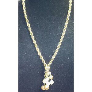 Vintage Statement Gold Tone Twist Rope Chain Faux Pearls Necklace Bolo Lariat